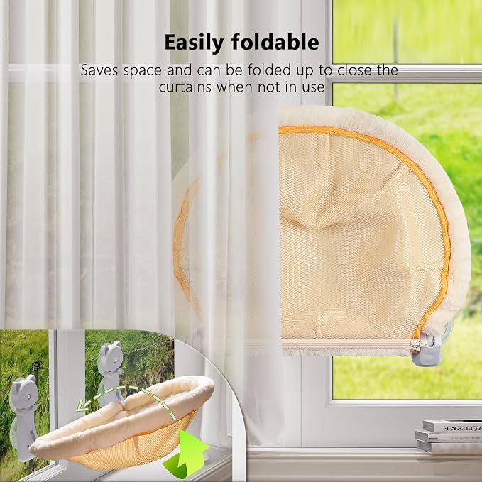 Cat Window Perch Cordless, Foldable & Stable Cat Beds- Breathable Cat Window Hammock for Overlooking, Sunbathing and Climbing - Maximum Hold Up to 40lb