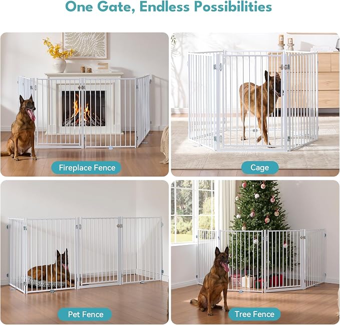 No Pawblems Full Metal Free Standing Dog Gate with Door, 36'' Tall | Foldable Dog Fence for Indoor & Outdoor, Up to 78 Inch Extra Wide Pet Gate for Stairs, Doorways, Deck, Yard, 3 Panels, White