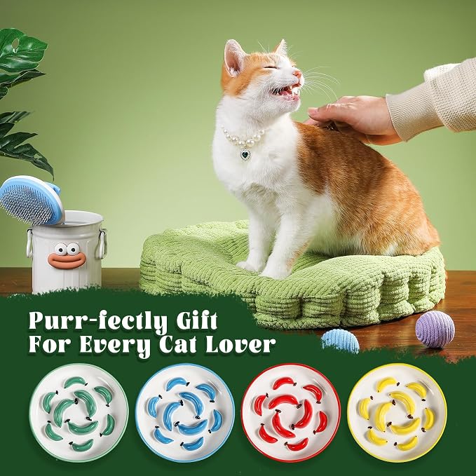 Ceramic Slow Feeder Cat Bowl, 6.3'' Wide Whisker Friendly Cat Puzzle Feeder | Slow Eating 5x, Anti Vomit Shallow Slow Eating Cat Dish for Dry and Wet Food, Contrasting Colors, 6.3" X 1.2"
