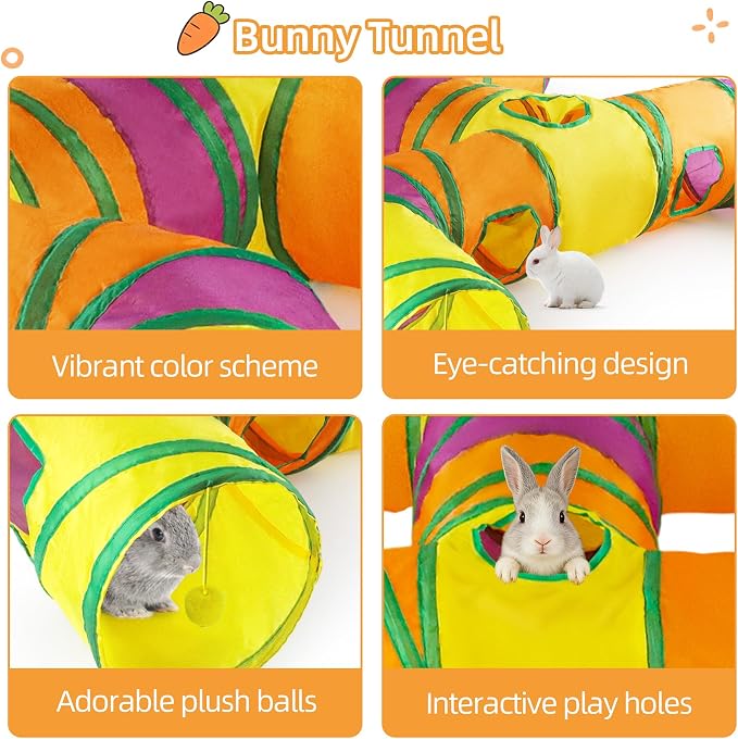 H-4-Way Collapsible Cat Bunny Tunnel, with Cushion, Indoor Entertainment, Washable Tear-Resistant Pet Hideout Tube with Interactive Playing Balls, for Kittens, Rabbits, Puppies