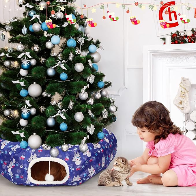 Christmas Cat Tunnel Bed for Indoor Cats Under Christmas Tree Skirt Tube with Hanging Ball Plush Cat Cave, Washable Holiday Pet Gift Toy & Gift for Kittens(Snowman)