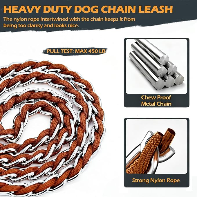 S-ETOVUS-Chain Dog Leash, Bite-Proof Metal Leash, with Padded Handle | Three Sizes 7.25FT/5.2FT/4FT, Woven From Nylon Rope And Chain, Durable And Bite-Resistant, Comfortable With Padded Handles