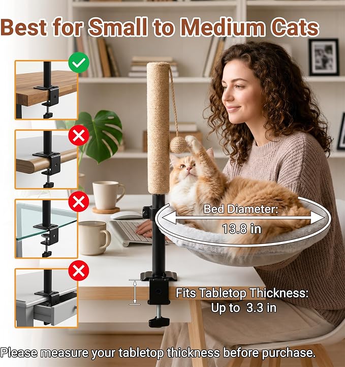 PatiencET Cat Desk Bed with Scratching Post Adjustable Clamp-On Perch | 13.8 in clamp-on bed fits flat tabletops up to 3.3 in; adjustable support, rope scratching post and washable cover