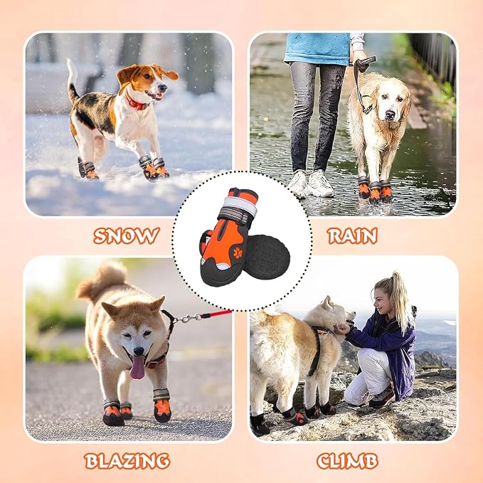 Dog Shoes for Large Dogs, 360°Anti Slip Medium Dog Boots & Paw Protectors Winter Snowy, Waterproof 4Pcs Dog Booties with Reflective Strips (Size 6: 2.56''x3.07''(W*L), Orange)