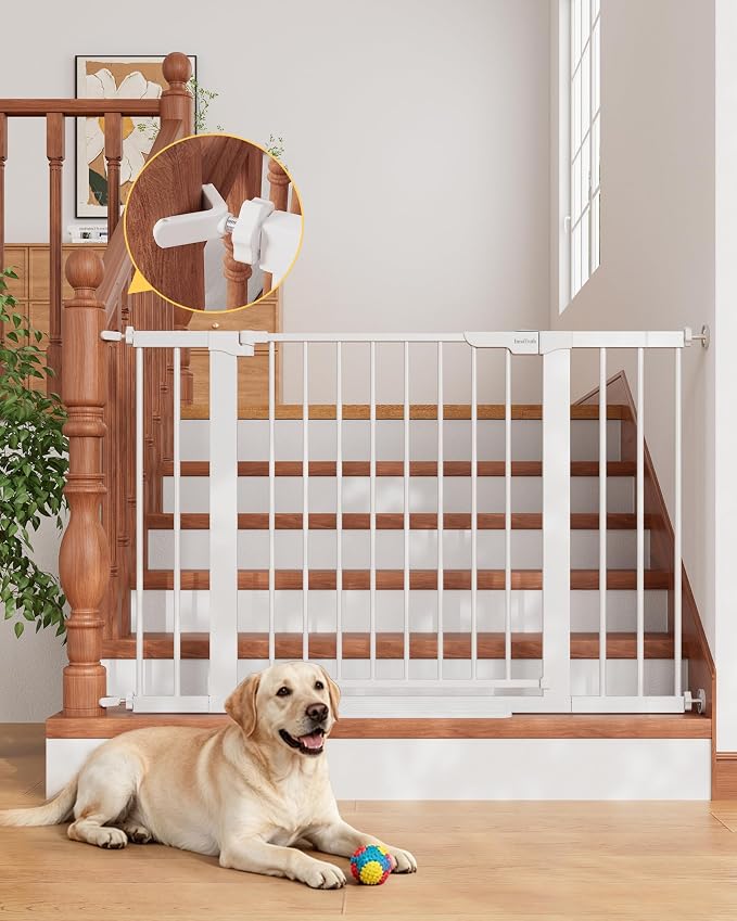 InnoTruth 29.6-44.6 in Wide Baby Gate for Stairs and Doorways, White | Indoor Metal Dog Gate for Pets, Auto Close 2 Way Swing Walk Through Door, Double Lock & Y-Bolts, Pressure or Hardware Mount