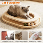 Cat Scratcher, Sisal Scratch Pad with Interactive Ball Track | No Assembly, Natural Sisal, Solid Base, Track with 3 Wooden Balls + 1 Catnip Ball, No Slip Pads, for Cat Exercise Sleep Chase