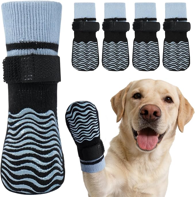 Kuoser Non Slip Dog Socks for Hardwood Floors, Dog Grippy Socks with Double-Sided Traction, Anti Slip Dogs Booties Paw Protectors to Prevent Licking Paws for Small Medium Large Senior Dogs, 4 Pack-L