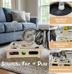 Cat Nail File Scratcher - Solid Wood Puzzle Enrichment Box for Indoor Cats | Interactive Cat Puzzle Box with Cat-Safe 100 Grit Pad for Cat Claw Care,4 Bell Balls, Spring Teaser,Tool-Free, Splinter-Free