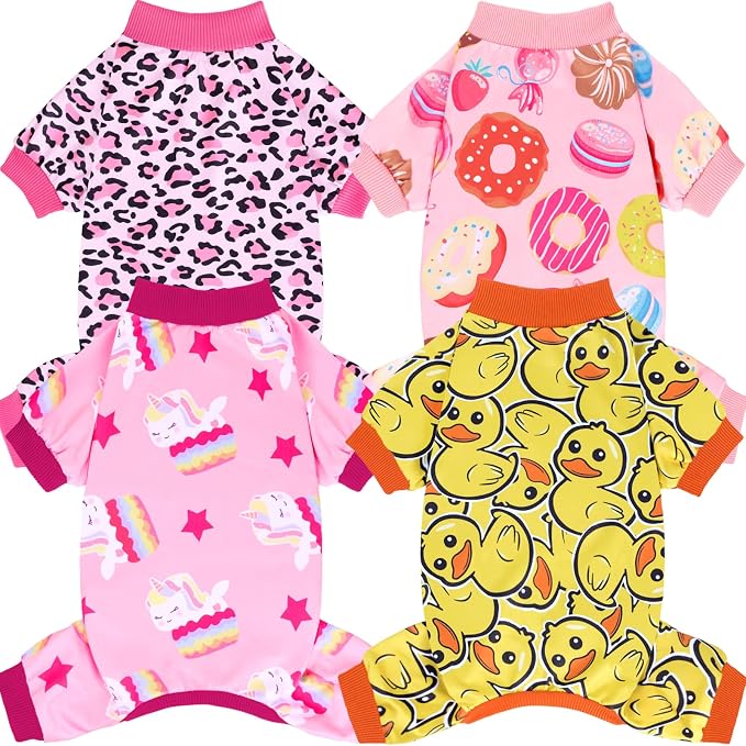 XPUDAC 4 Pack Dog Pajamas Soft Strechy Duck Pink Print Dog Clothes for Small Medium Dogs Girl Boy Cat Apparel, L