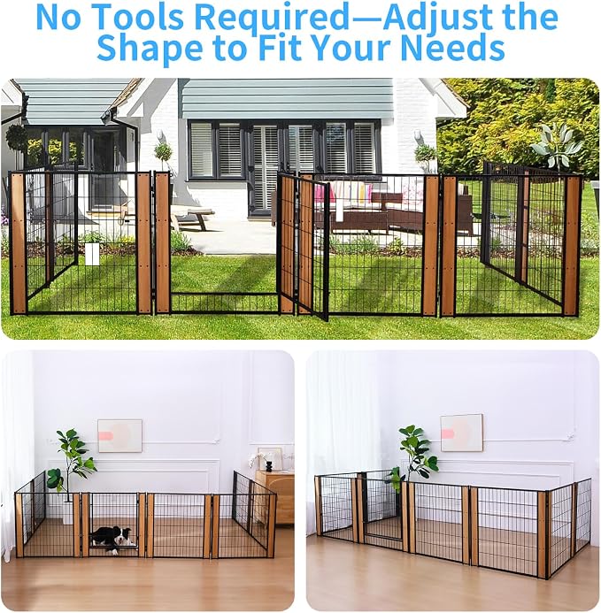 Furniture Style Dog Playpen 32" H, Door Panel, Oak | Indoor/Outdoor Use, Heavy-duty Metal, DIY Layouts, Easy Access, For Small & Medium Dogs, Easy setup