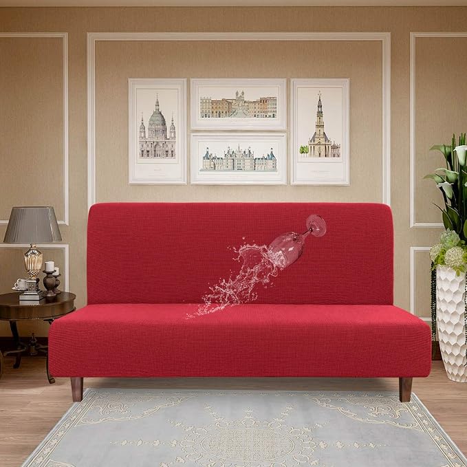 Easy-Going 100% Waterproof Futon Cover, Stretch Futon Slipcover Medium | Dual Waterproof Armless Futon Couch Cover, Leakproof Sofa Bed Furniture Protector for Kids Pets Dog Cat, Christmas Red