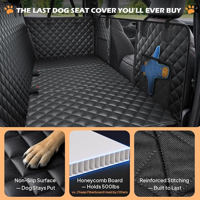 Hard Bottom Dog Car Seat Cover, Back Seat Extender for Dogs Holds 500lbs | Honeycomb board, Waterproof, Non-slip dog hammock for car SUV, Fits most cars, Dog seat belt, Mesh window & 2 storage pockets