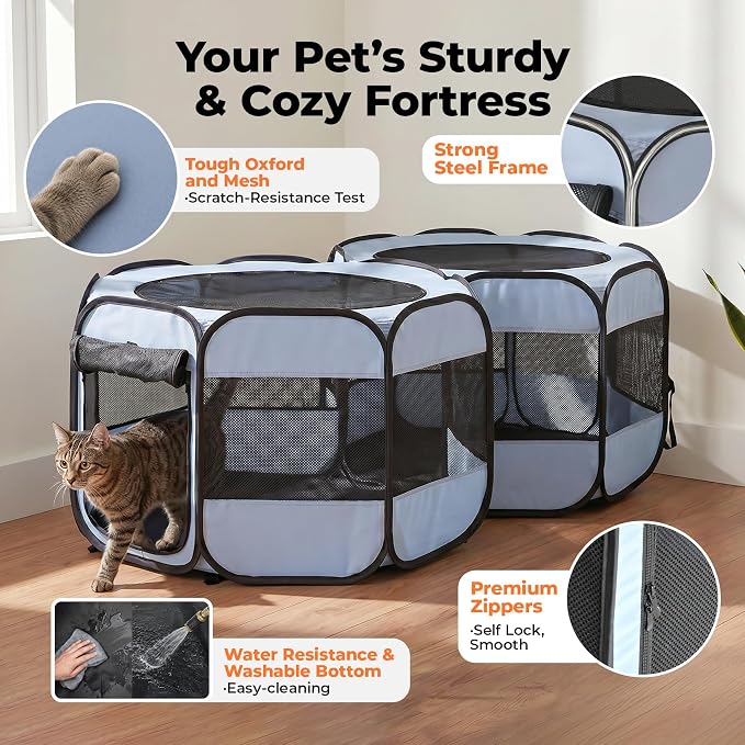 2-in-1 XLarge Portable Cat Playpen Assembly-Free for Indoor Cats Enclosed Pop Up Dog Play Pen Outdoor Puppy Pet Tent Crate House Condo Kitten Kennel Small Animals Cage(No Divider, Unified Space)