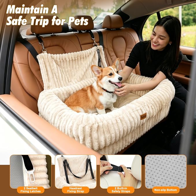 Pawaboo Dog Car Seat Bed, Memory Foam Booster for Medium/Large Dogs, Beige | Rear-seat pet travel bed with washable cover, safety leashes, thick cushion, and room for 2 small dogs