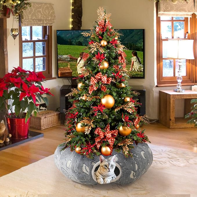 Large Cat Tunnels Bed Tube for Indoor Cats Under Christmas Tree Glows in The Dark Cat Tunnel with Cushion and Plush Ball Toy Longer Playground Toys for Dog Puppy Kitten Pet Gray