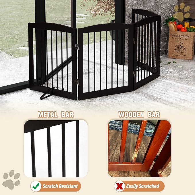PUPETPO Freestanding Pet Gate for Dogs, Foldable Wooden Dog Gate for House, Indoor Dog Gate for Stair, Doorway, Gates for Dogs Indoor, 80 Inch Wide, 4 Panels 24",Brown