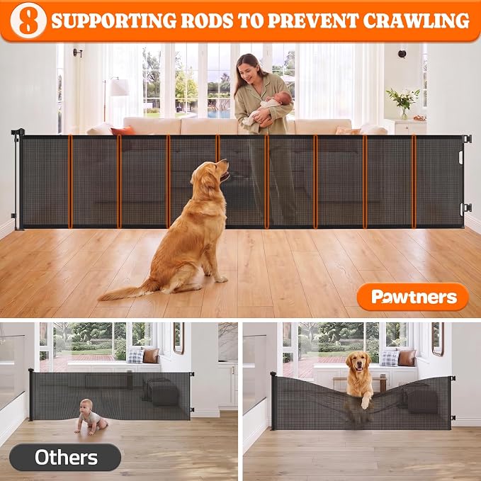 Pawtners Retractable Baby Gates, 34" Tall Extends to 120" Wide Dog Gate | 6 FT Gate with Reinforced 8 Supporting Rods to Prevent Crawling for Stairs Hallways Indoor Outdoor Open Spaces