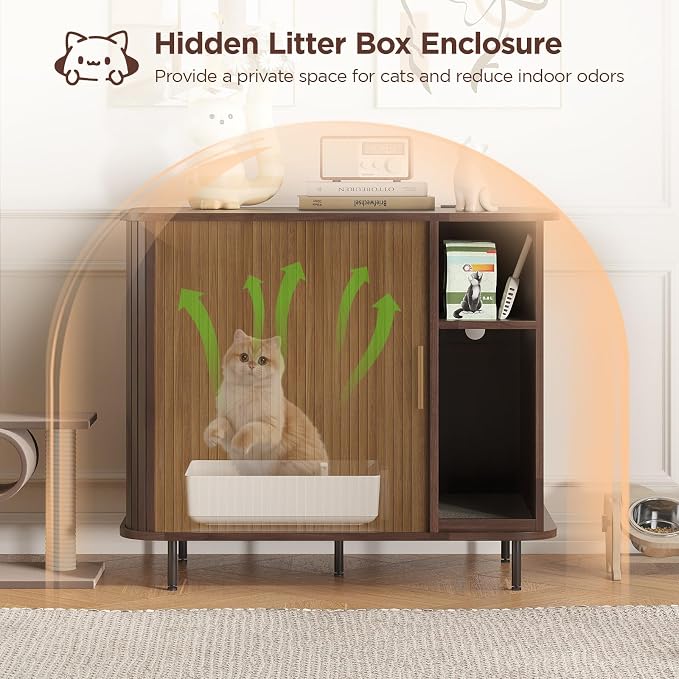 Large Litter Box Enclosure with Charging Station for Automatic Litter Box & Cat Robot 3/4, Hidden Litter Box Furniture with Dog-Proof Shelf, Scratch Pad, Wooden Cat Box Enclosure, Walnut