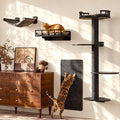 FUKUMARU Cat Wall Shelves, 4 in 1 Set, Black | Stable Wooden Wall-Mounted Furniture Set, Climbing Tree with Hammock, Bed, Perch and Scratching Mat