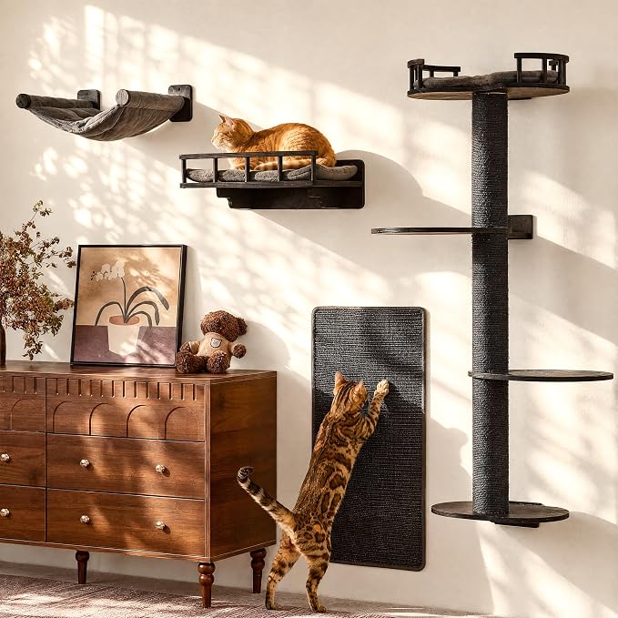 FUKUMARU Cat Wall Shelves, 4 in 1 Set, Black | Stable Wooden Wall-Mounted Furniture Set, Climbing Tree with Hammock, Bed, Perch and Scratching Mat