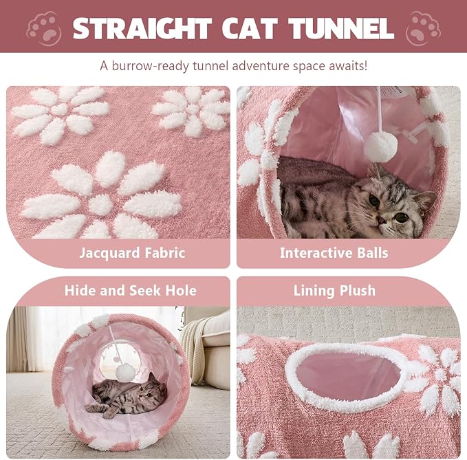 Straight Cat Tunnel for Indoor Cats 47"x12", Pink Flower | Cute Cat Toys, Collapsible Tunnel Tube with Hanging Balls for Puppy Kitten Rabbit