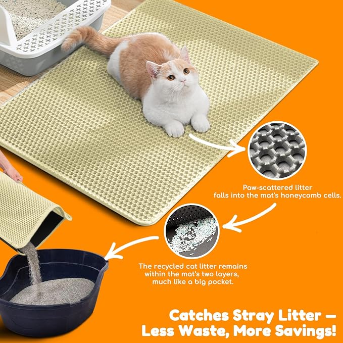 Cat Litter Mat 24"x16",Double Layer EVA Litterbox Mat Cream | Extra Large Honeycomb, Waterproof & non-slip, Odor-free, easy clean, washable durable floor protector,scatter control