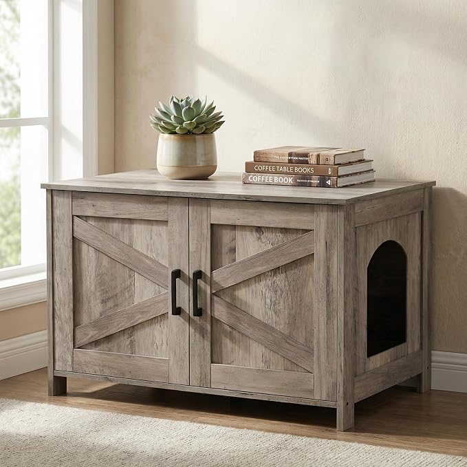 Homhedy 31.5" L Cat Litter Box Enclosure with Barn Door, Greige | Wooden Cat Washroom Furniture, Cat House, Pet Storage Cabinet, Dog-Proof, Fit Most of Litter Box, Farmhouse Style