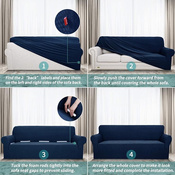 YEMYHOM Couch Cover Latest Jacquard Design High Stretch Sofa Covers for 3 Cushion Couch, Pet Dog Cat Proof Slipcover Non Slip Magic Elastic Furniture Protector (Large, Navy)