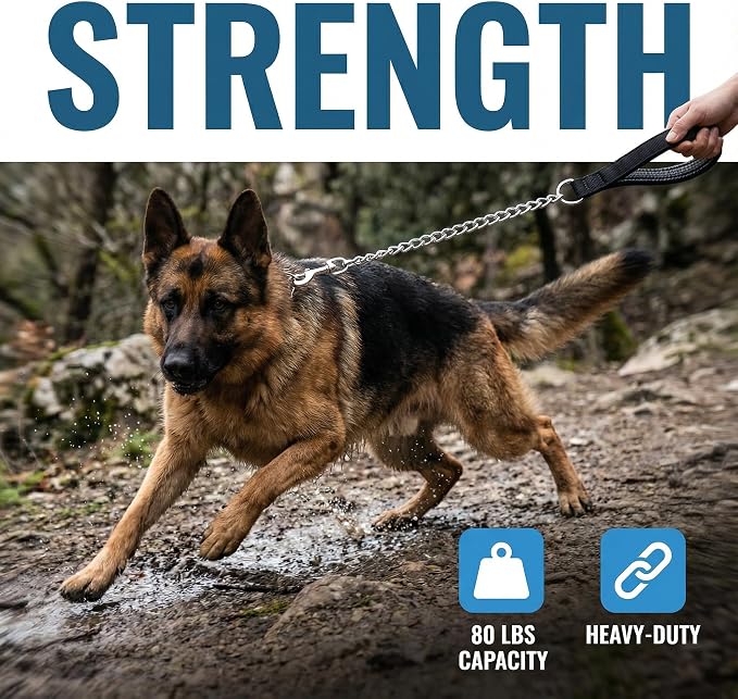 Heavy Duty Dog Chain Leash, 6 ft x 3.0 mm (25-120 lbs) | Padded Handle for Large & Medium Size Dogs