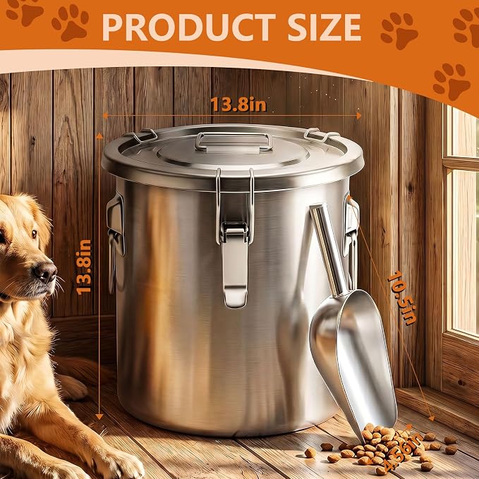 30LB Stainless Steel Dog Food Storage Container with Lid & Scoop, Large Metal Dog Food Container for Dry Pet Food, Pet Food Storage Container for Kibble, Cat Food and Treats