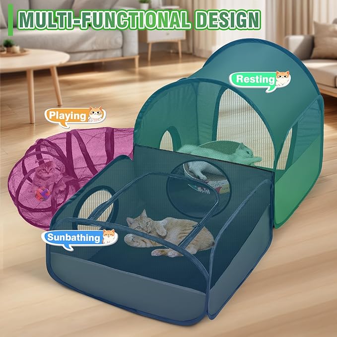 Tailtastic Indoor/Outdoor Cat Playpen with Surround Tunnel 2 Zones Green | escape-proof enclosed enslosure,lightweight foldable for travel, ideal for indoor cats, multi-cat homes & birthing