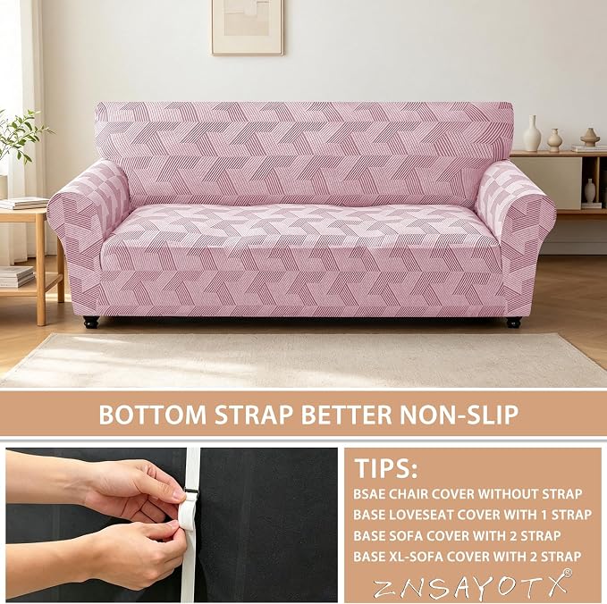 ZNSAYOTX Stretch Couch Covers for 3 Cushion Couch, 1-Piece Sofa Cover Slipcover Pet Friendly, Furniture Protector with Elastic Bottom for Dogs Geometrical Jacquard Fabric (Large, Dusty Pink)