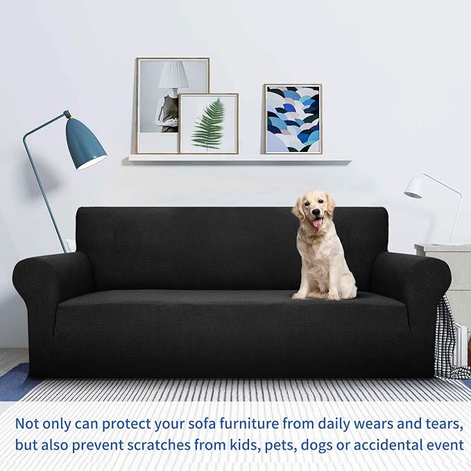 MAXIJIN Super Stretch Couch Cover for 3 Cushion Couch, 1-Piece Universal Sofa Covers Living Room Jacquard Spandex Furniture Protector Dogs Pet Friendly Fitted (Large, Black)