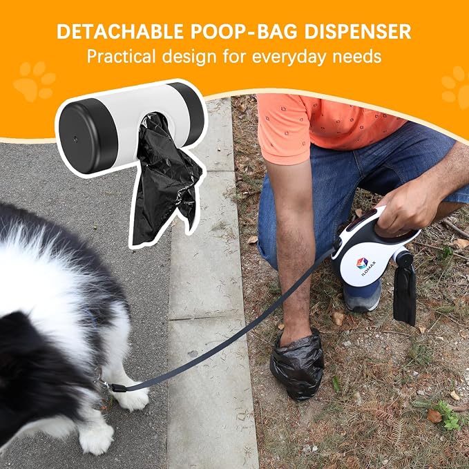 ILOMAX 360° Tangle-Free Retractable Dog Leash Built-in Waste Bag Dispenser Under Handle 2 Rolls Poop Bags Included Heavy Duty Tape Leash for Dogs up to 50kg Carry Pouch Included (White, XL)