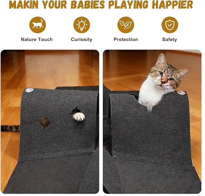Cat Tunnel Play Mat for Indoor Cats, Felt Interactive Pet Toy with Hidden Ball, Enrichment Activity Rug, Collapsible Cave for Kittens & Small Pets (Dark Gray)