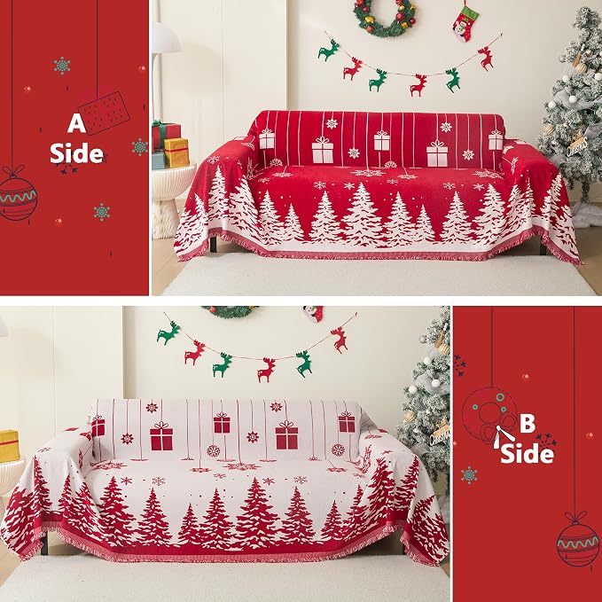 Christmas Couch Cover for Sectional Sofa, Chenille Loveseat Red Sofa Covers Washable for Pet Friendly Cedar Decorative Couch Covers, 71" x 102"