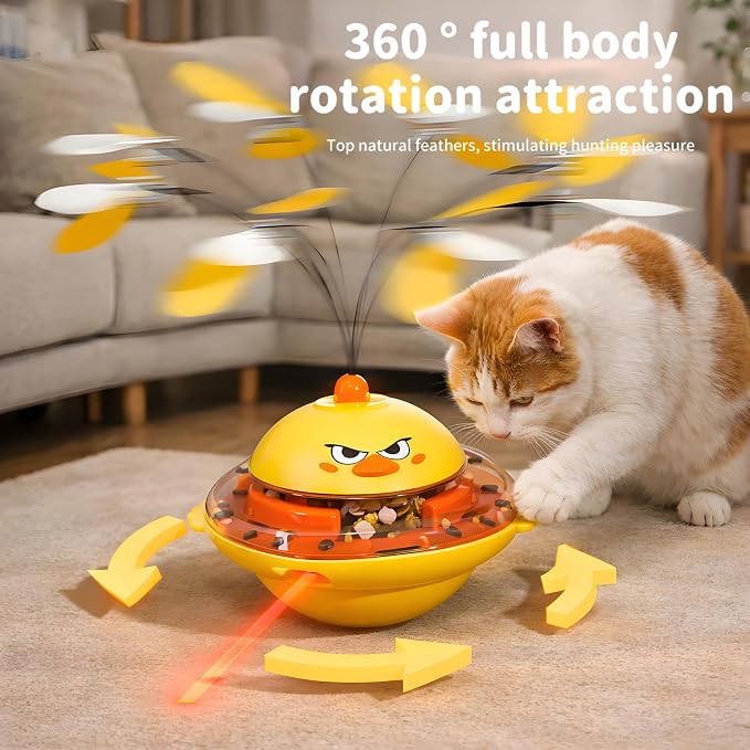 hooroor Cat Toy w/Interactive Laser, Spinning Feather & Butterfly Wand | Motion-activated Chirping, Treat Dispenser, 360° Wobbling Base,Auto-off, Non-toxic ABS Toys for Bored Indoor Cats & Kitten