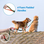 PetBonus Double Dog Leash, No Tangle Dual Leash, Walking Training Lead | 4 Comfortable Padded Handles, Adjustable, Reflective, For Two Large Medium Dogs, Collapsible Bowl and Waste Bags, Khaki Green