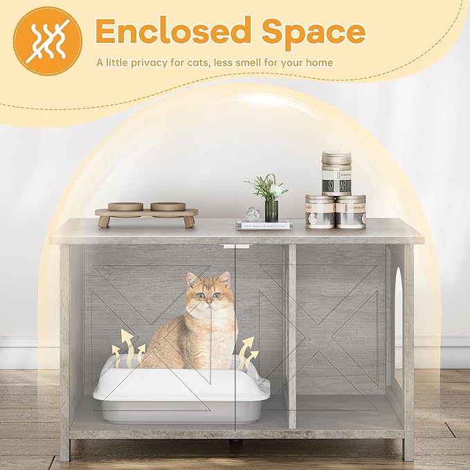 Shintenchi Cat Litter Box Enclosure, Litter Box Furniture Cabinet Hidden with Removable Divider, Wooden Cat House with End Table, Grey, 31.5 inch