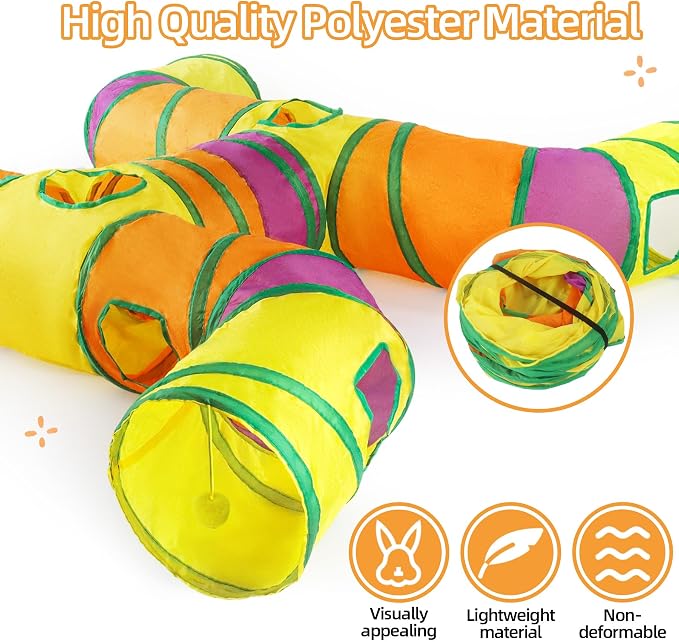 H-4-Way Collapsible Cat Bunny Tunnel, with Cushion, Indoor Entertainment, Washable Tear-Resistant Pet Hideout Tube with Interactive Playing Balls, for Kittens, Rabbits, Puppies
