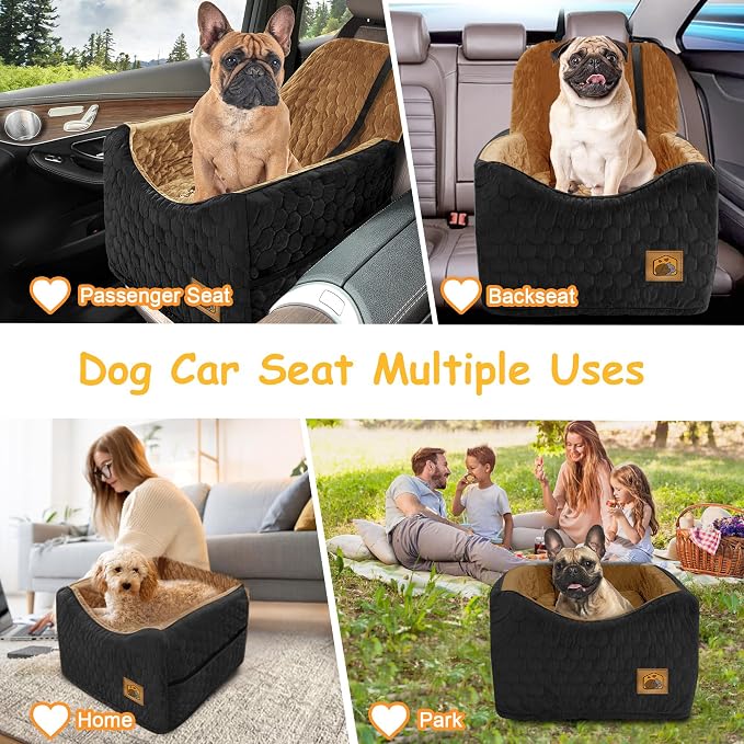 Dog Car Seat for Small/Medium Dogs, Memory Foam Dog Booster Seat, Travel Safety Per Car Seat with Washable Removable Cover, Storage Pockets for Dogs up to 35 lbs(BlackBrown)