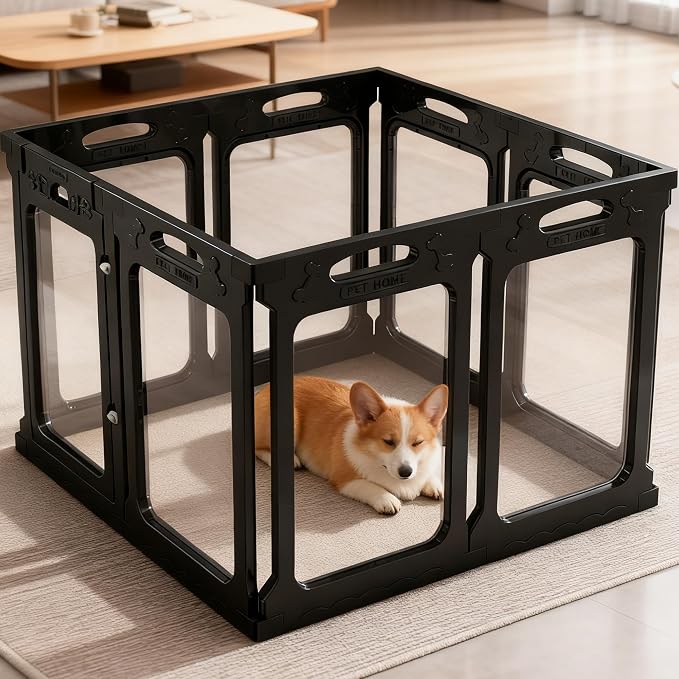 Clear Dog Playpen Extension Panel Set with 1 Door & 1 Side Panel, Height 30 inch, Black