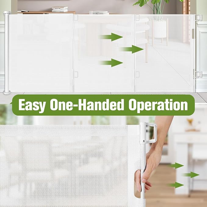 65" Wide Retractable Baby Gate for Doorways Retractable Dog Gate for Stairs | Space-Saving Indoor/Outdoor Retractable Gate, Easy One-Hand Operation Safety Lock, Scratch-Resistant Mesh, Easy Install/White