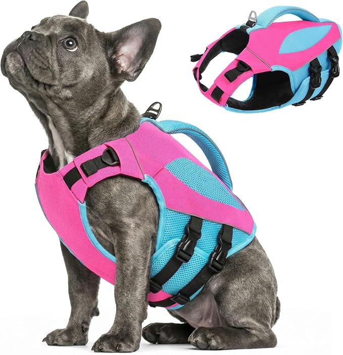 XS Dog Life Jacket, Small Dog Life Vest for Swimming, High Flotation Puppy Swim Vest Lifesaver with Rescue Handle, Adjustable Pet Preserver Lifejacket for Pool Boating, Hot Pink XS