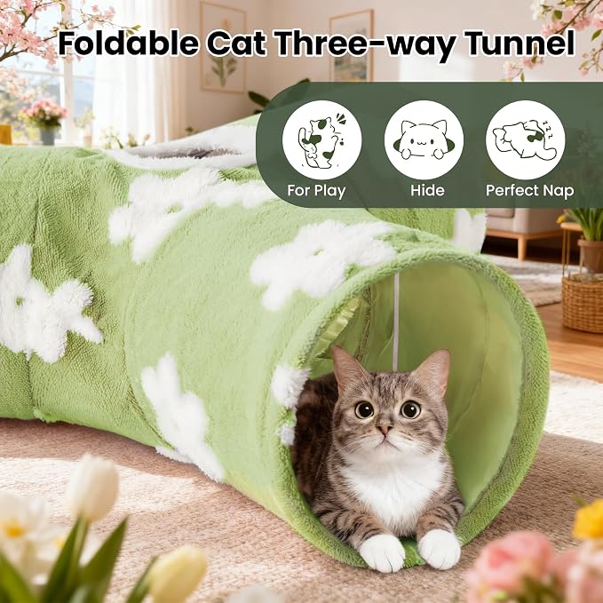 Tempcore Flannel Cat Tunnel for Indoor Cats, 3 Way Collapsible Pet Play Tunnel with Teaser Wand, Peek Holes & Hanging Ball, Interactive Tube for Kittens & Rabbits, Daisy Green