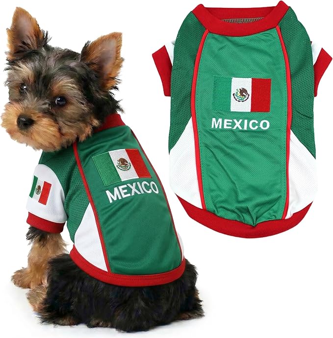 Parisian Pet Dog Mexico Jersey - Breathable Mesh Puppy Football Jersey - Lightweight Stretch Sporty Dog Mexican Outfit - Summer Shirts for Small Dogs - Soccer Jersey for Dogs - Sportswear Pet Clothes