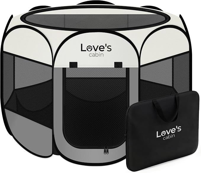 Love's cabin Pet Puppy Dog Playpen, Large Dog Tent Crates Cage Indoor/Outdoor, Portable Playpen for Cat, Foldable Pop Up Dog Kennel Playpen with Carring Case, Removable Zipper Top, Grey