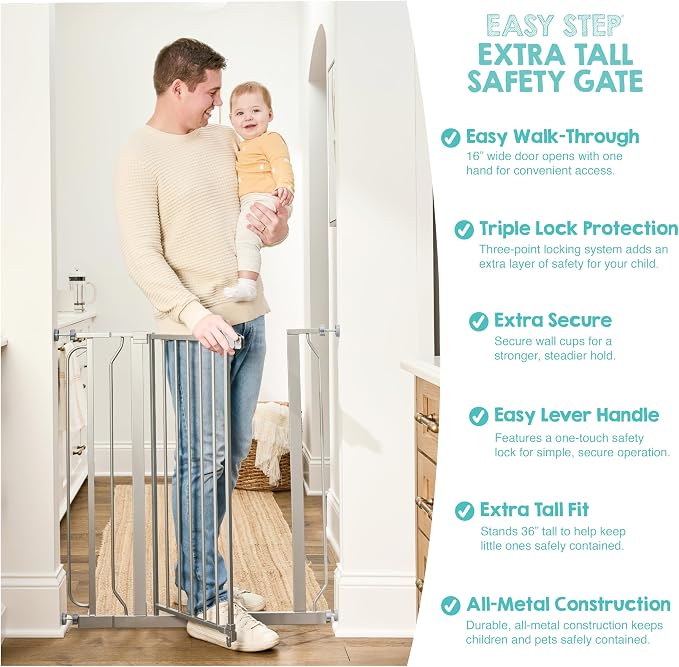 Regalo Safety 36" Extra Tall Baby Gate, Bottom of Stairs & Doorways | Fits Openings 29"-36.5" Wide, Pressure Mounted with Door, For Babies, Toddlers & Pets, Platinum