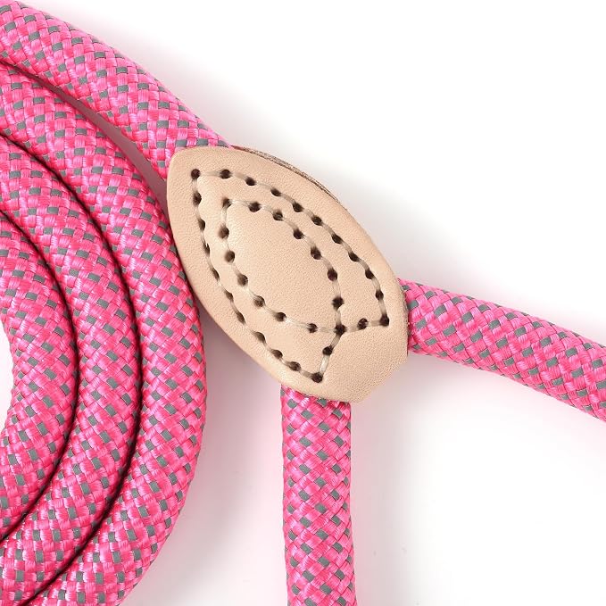Mile High Life Dog Leash with Genuine Leather Connection, Reflective | Rope Leash, Heavy Duty 360° Swivel Metal Clasp, for Small Medium & Large Dogs Walking (Hot Pink, 72 Inch-1/2)