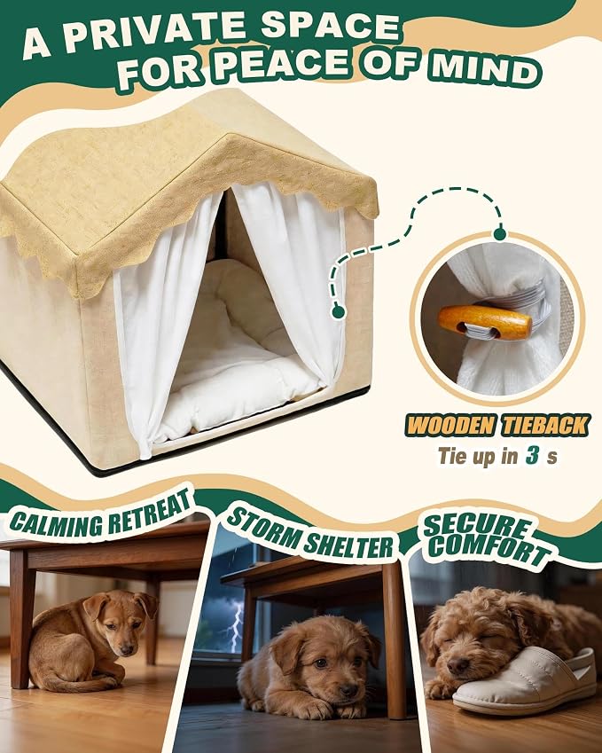 Indoor Dog House, Breeze Pet Tent with Sturdy Frame & Window, Dog Cave Bed with Washable Cover for Small-Medium Dogs (18-40 lb), 25", Cream